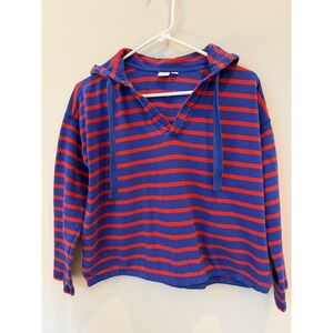 Gap Womens Blue Red Striped V-Neck Hooded Pullover Top XS Long Sleeve Jersey